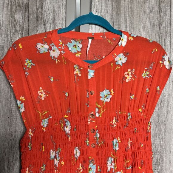Free People Button Up Dress Red Color Floral Print Smocked Waist Sleeveless Sz L - Picture 2 of 11
